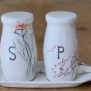Anthropologie White Ceramic Salt and Pepper Shakers with Botanical Design